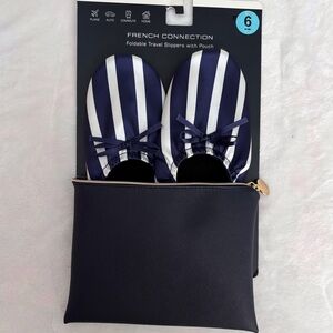 FRENCH CONNECTION Navy/White Striped Foldable Travel Slippers with Storage Pouch